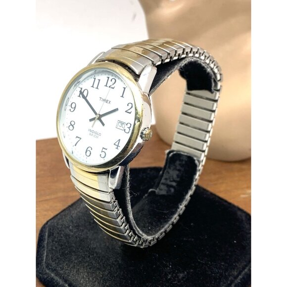 Timex Men's Watch T2H311 Indiglo White Dial Quartz Two Tone Expansion Band 35mm - Picture 2 of 14